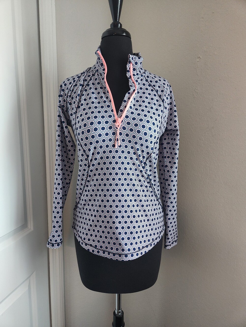 Talbots Navy Geometric Quarter-Zip Top with Pink Trim